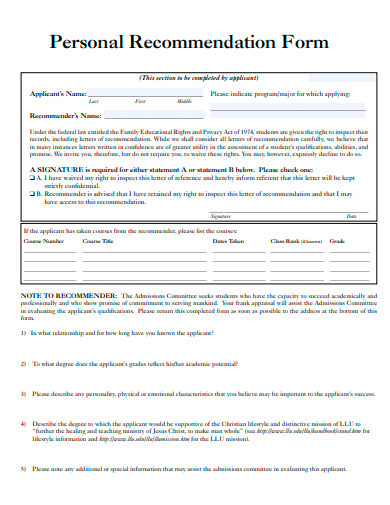 personal recommendation form