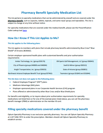 pharmacy benefit specialty medication list
