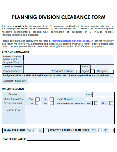 planning division clearance form