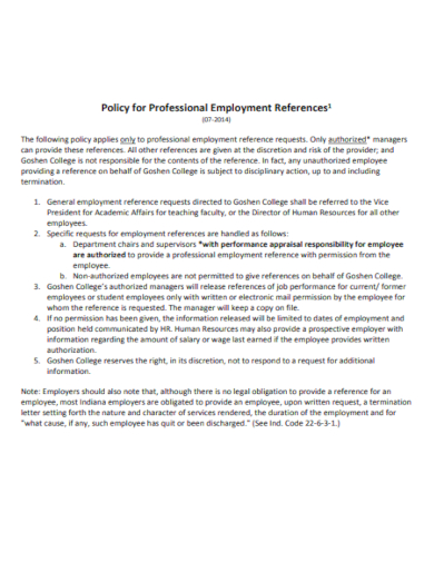 policy for professional employment references