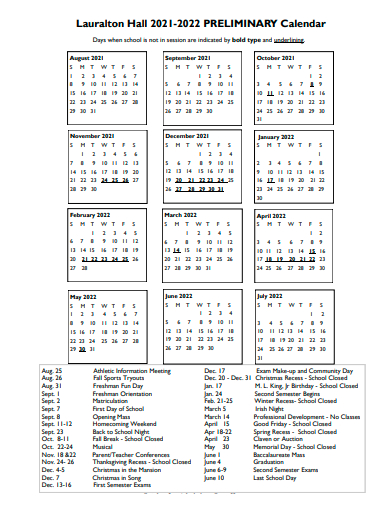 preliminary calendar