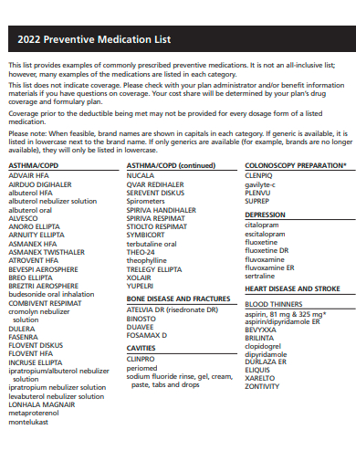 preventive medication list