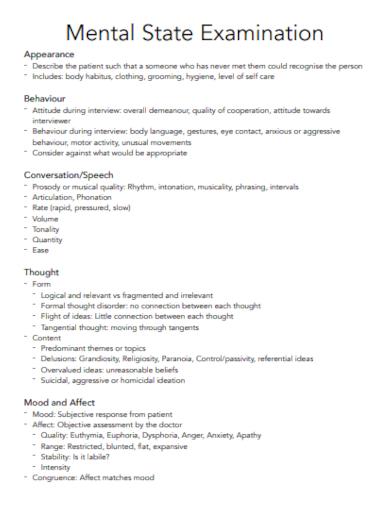 Free Printable Mental Status Exam