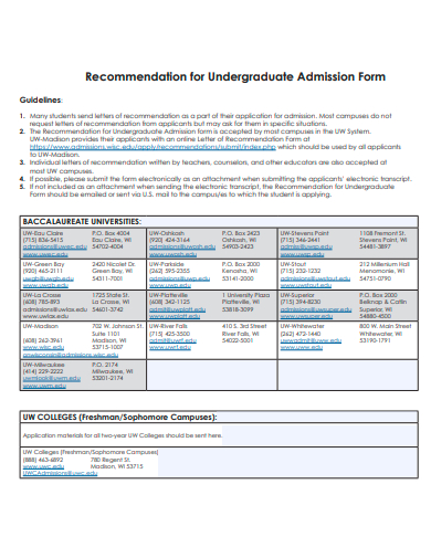 recommendation for undergraduate admission form