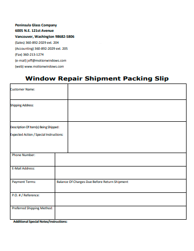 repair shipment packing slip