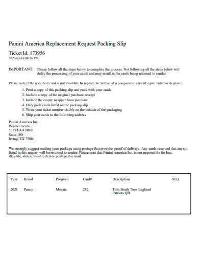 replacement request packing slip