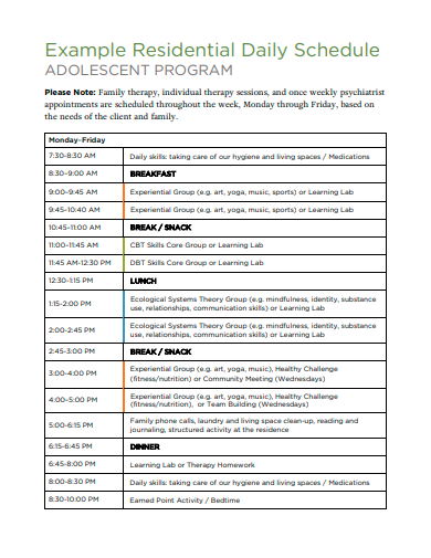 residential daily schedule