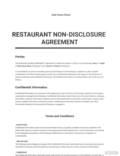 restaurant non disclosure agreement template