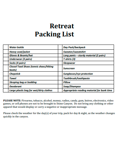 retreat packing list