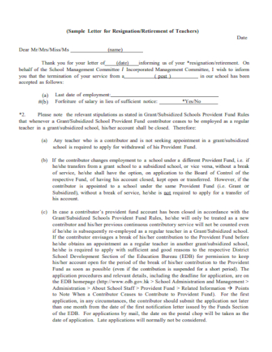 sample letter for retirement of teachers