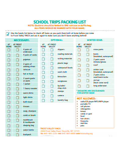 school trips packing list