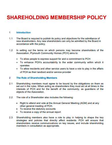 shareholding membership policy