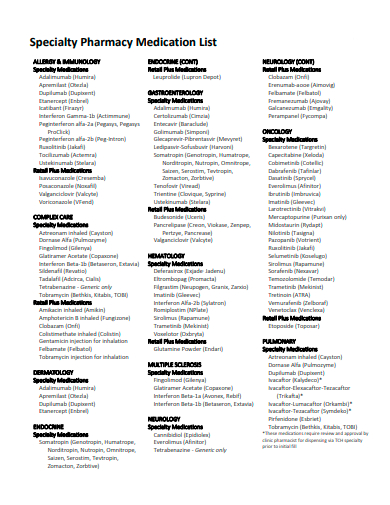 specialty pharmacy medication list