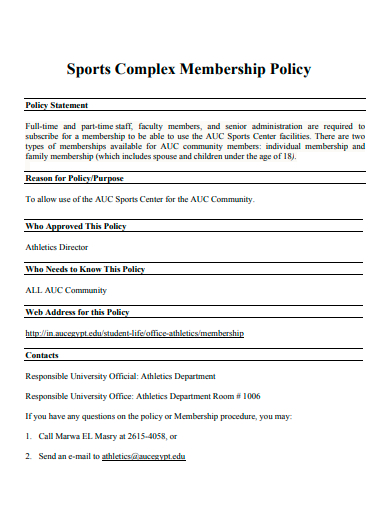 sports complex membership policy