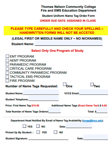 student uniform name tag order form