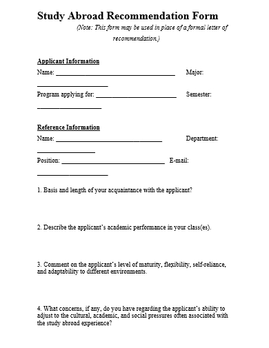 study abroad recommendation form