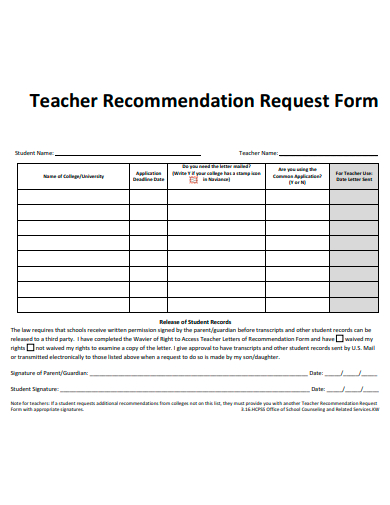 teacher recommendation request form
