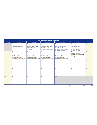 testing schedule blank calendar