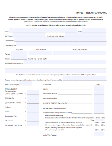 travel itinerary approval form