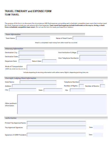 travel itinerary expense form