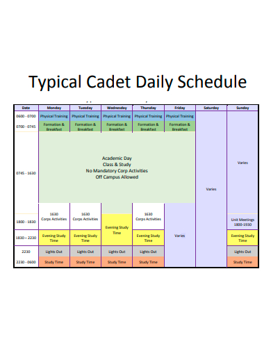 typical cadet daily schedule
