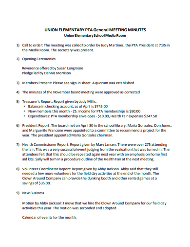 union elementary general meeting minutes