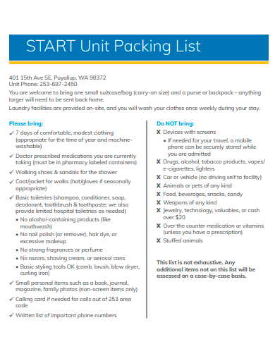 unit packing list