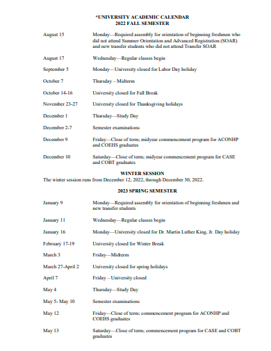 university academic calendar