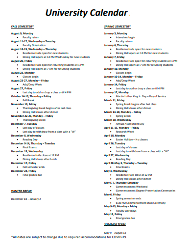 university calendar