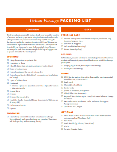 urban passage packing list