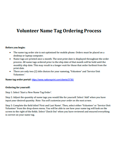 volunteer name tag ordering process