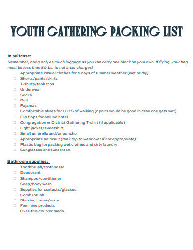 youth catering packing list