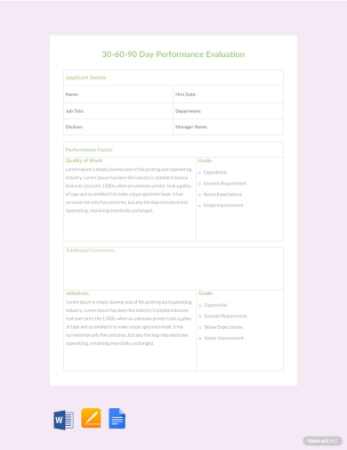 30 60 90 day performance evaluation template