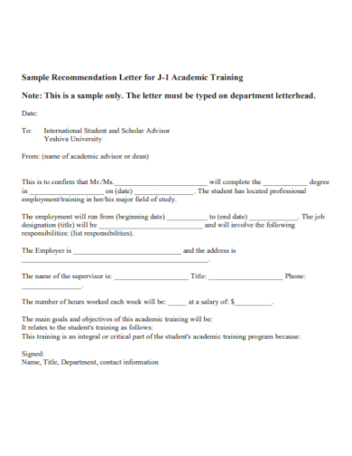 academic training recommendation letter