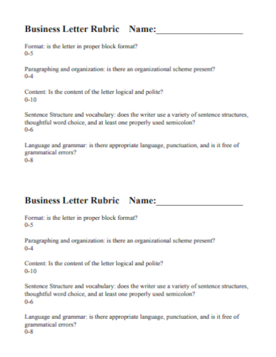 business letter rubric