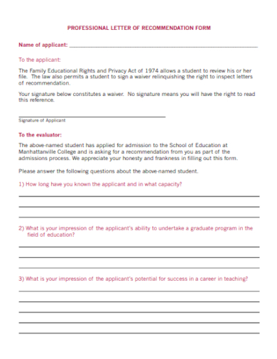 profession letter of recommendation form