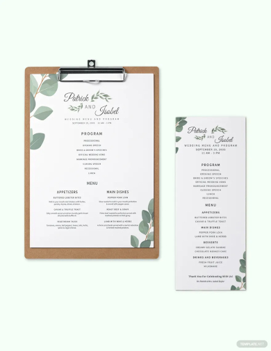 program menu wedding menu template