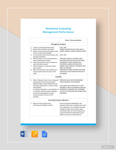 worksheet on evaluating management performance template