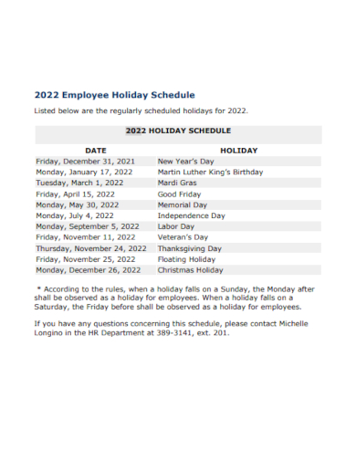 employee holiday schedule