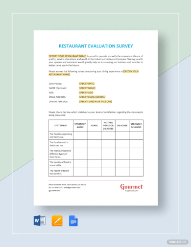 free restaurant evaluation survey template