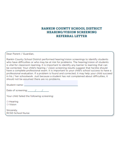 hearing vision screening referral letter