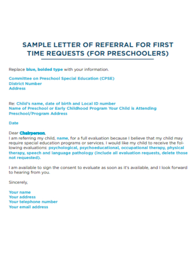 referral letter for preschool