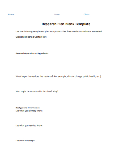 research plan blank template