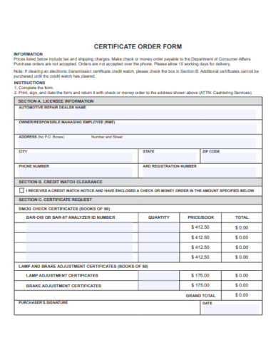 certificate order form