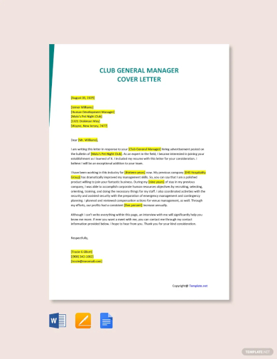 club general manager cover letter template
