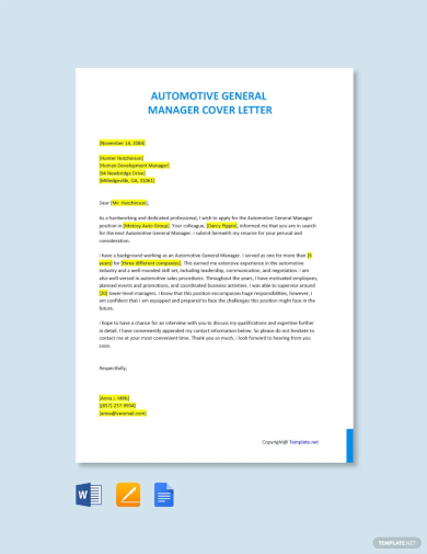 free automotive general manager cover letter template