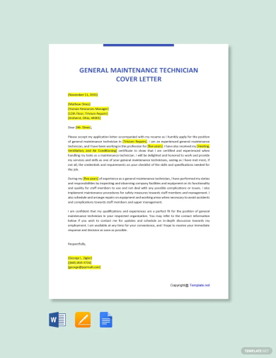 free general maintenance technician cover letter template