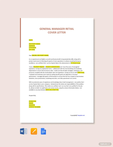 free general manager retail cover letter template