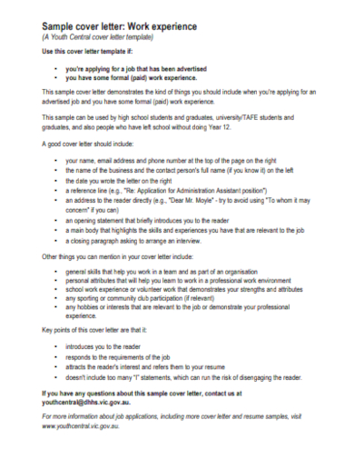 work experience sample cover letter