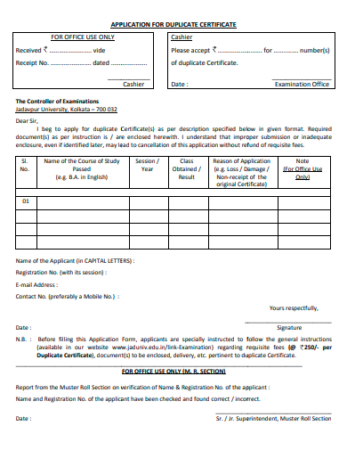 application for duplicate certificate template